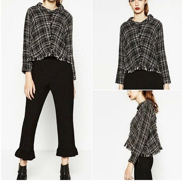 Zara Women's  Green and Black Tweed Pullover Top - Picture 2 of 12